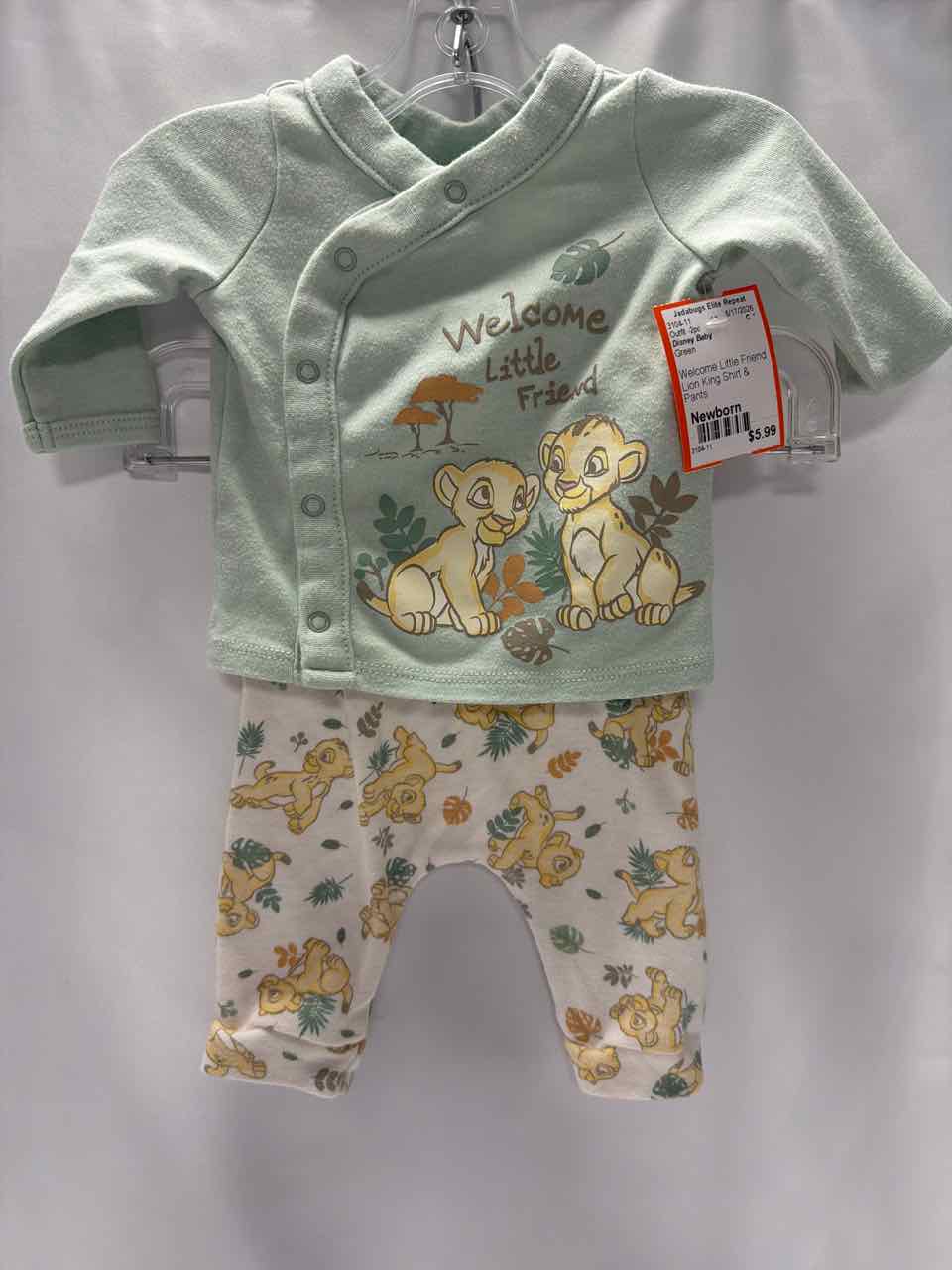 Disney Baby Size Newborn Green Outfit -2pc